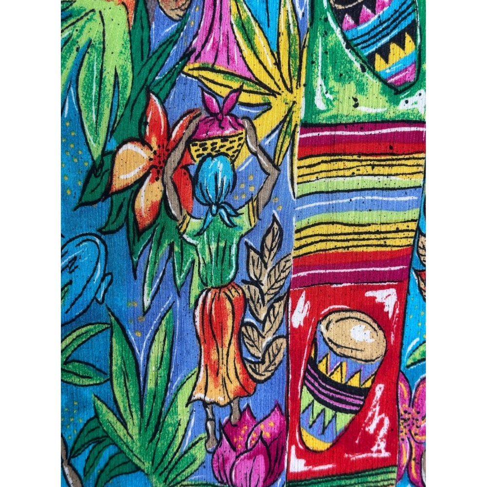 BOP Button Shirt 2X Blue Multi Caribbean Novelty Print Art to Wear Rayon Top - Picture 5 of 8